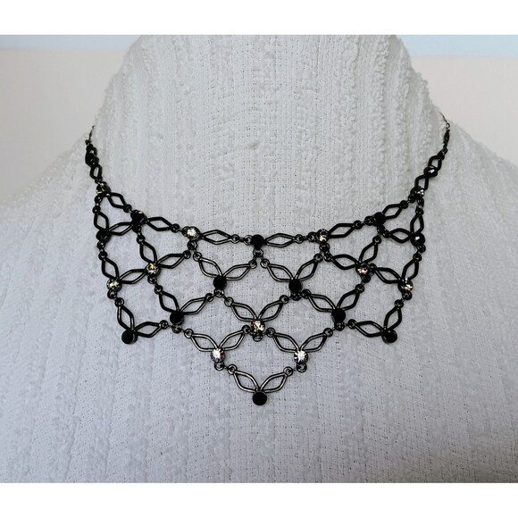 1928 Black & Silver Rhinestone Collar / Bib Necklace 16-19 in NWT - Picture 2 of 9